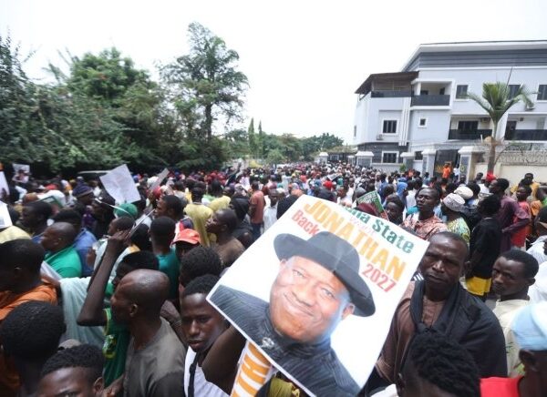 “Waiting for Goodluck”: CSOs and Youths Rally at Jonathan’s Office, Urge 2027 Presidential Bid