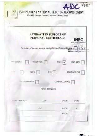 INEC Confirms Adegoke as ADC Governorship Candidate for Oyo 2027
